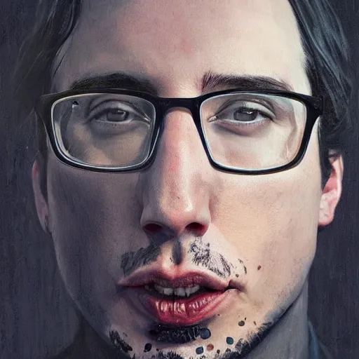 Image similar to photogenic, john oliver and adam driver, john oliver in front, adam driver behind john oliver, stylized, realistic poster, centered, dark, smokey, digital painting, art by jeremy lipking, deviant art, art by artgerm, art by greg rutkowski, art by alphonse