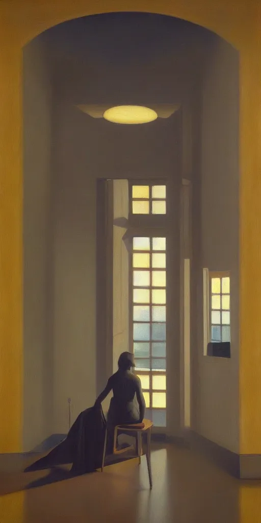 Image similar to room of impossible geometry, cinematic and highly detailed oil painting by josep tapiro baro and edward hopper, trending on artstation, oil painting masterpiece, symmetry, mysterious, very very very aesthetic