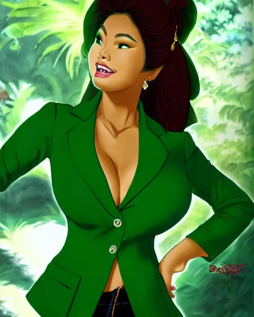 Image similar to alluring heavy filipina woman character portrait, by don bluth, wearing green blazer, sci - fi environment, highly detailed, dynamic shadows, 4 k, wallpaper - 1 0 2 4