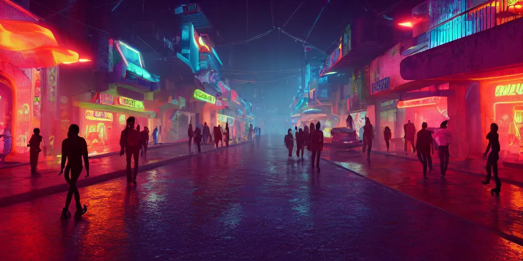 Prompt: a futuristic small mexican town cobbled street, blade runner 2 0 4 9 city architecture, mexican dia de muertos decorations, environmental lighting, stromy weather, ray tracing, people walking on street, amazing view, highly detailed, neon shops, octane render, unreal engine 5, 4 k