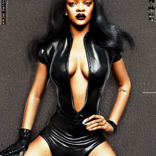 Image similar to detailed rihanna portrait black leather gantz clothes by shunya yamashita