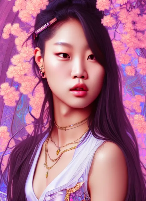 Prompt: jennie kim of blackpink, queen, tarot card, highly detailed, digital painting, smooth, sharp focus, illustration, ultra realistic, unreal engine, 8 k, art by artgerm and alphonse mucha