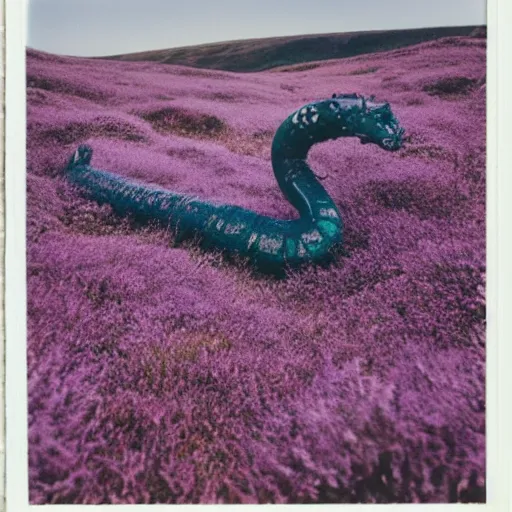 Image similar to polaroid photo of a sea serpent in the heather on the north yorkshire moors