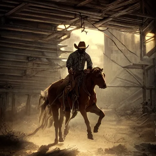 Image similar to a last stand of a cowboy, DeviantArt, art station, illustration, highly detailed, artwork, cinematic, hyper realistic