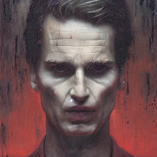 Image similar to patrick bateman standing in the rainy dark streets, portrait, wlop, beksinski and greg rutkowksi, beautiful ambience