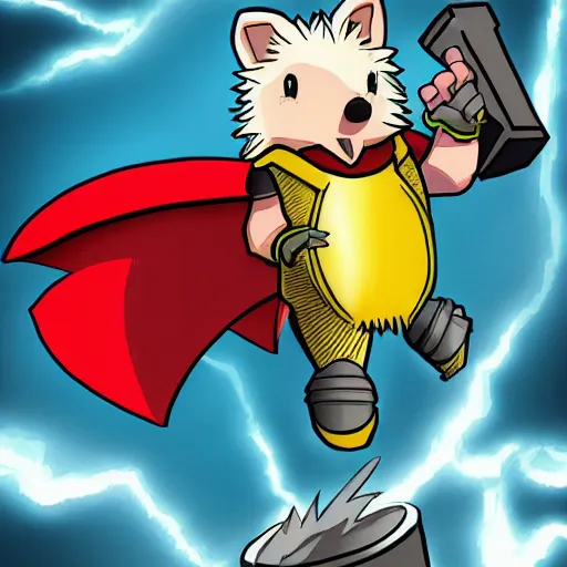 Image similar to the hedgehog thor ~ holding his hammer ~ dramatic thunder background ~ fighting scene ~