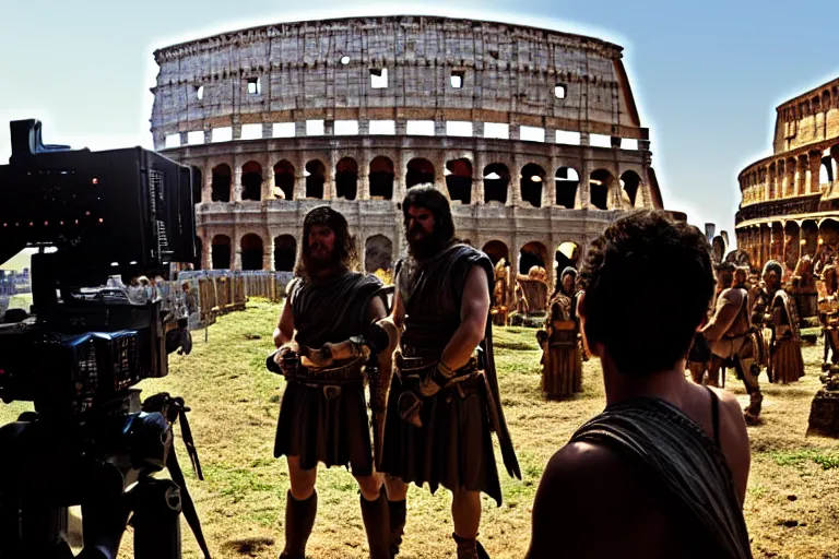 Image similar to vfx film, on set, on location, big production, roman extras, roman army, colosseum, outdoor, behind the scenes, film production, making of, flat color profile low - key lighting award winning photography arri alexa cinematography, hyper real photorealistic cinematic beautiful, atmospheric cool colorgrade