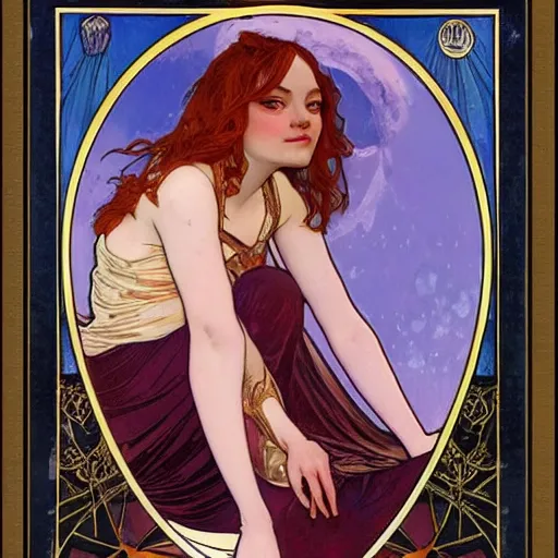 Prompt: emma stone portrait by louis - theophile hingre and alphonse mucha, hyperrealistic, sharp focus, zodiac signs, tarot cards, planets, ethereal, art nouveau, magic, moon, sun, crown, dreamy