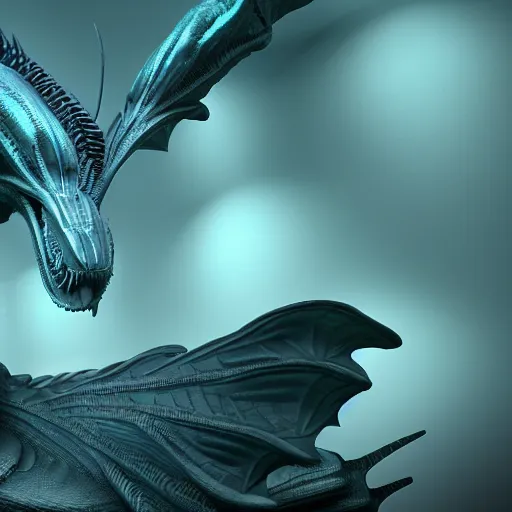 Image similar to an alien mimicking the form of a dragon, octane render, 3D, 20B parameters