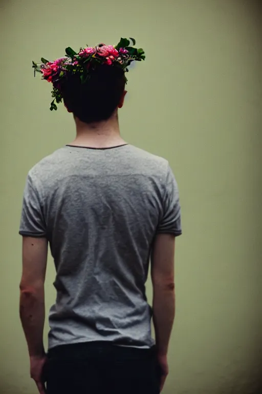 Image similar to kodak portra 4 0 0 photograph of a skinny guy looking into a otherworldly portal, flower crown, back view, vaporwave colors, grain, moody lighting, moody aesthetic,