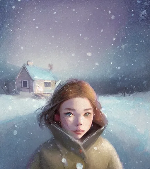 Prompt: face portrait of a beautiful girl in a coat, close portrait, snow - covered small house in a background, night, stars in the sky, the milky way in the sky, winter landscape, painting by craig mullins, octane rendering, wide angle lens, in the style of hayao miyazaki, trending on artstation,