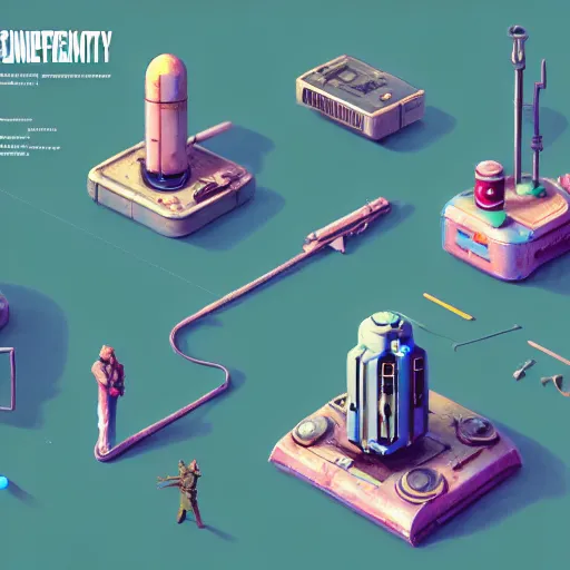 Image similar to context independency game art, detailed, artstation, 8 k, sci - fi, pastel colors, props, panel, concept, simon stalenhag, blueprint, items and gadget, big medium small, blueprint, vintage - w 1 0 2 4