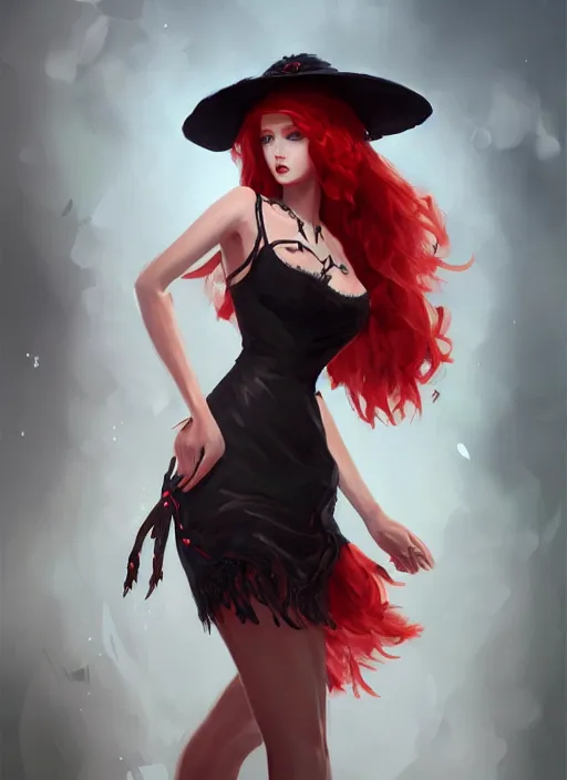 Image similar to a highly detailed illustration of tall beautiful red haired lady wearing black spaghetti strap dress and sun hat, elegant pose, perfect face, perfect body, perfect eyes, intricate, elegant, highly detailed, centered, digital painting, artstation, concept art, smooth, sharp focus, league of legends concept art, wlop.