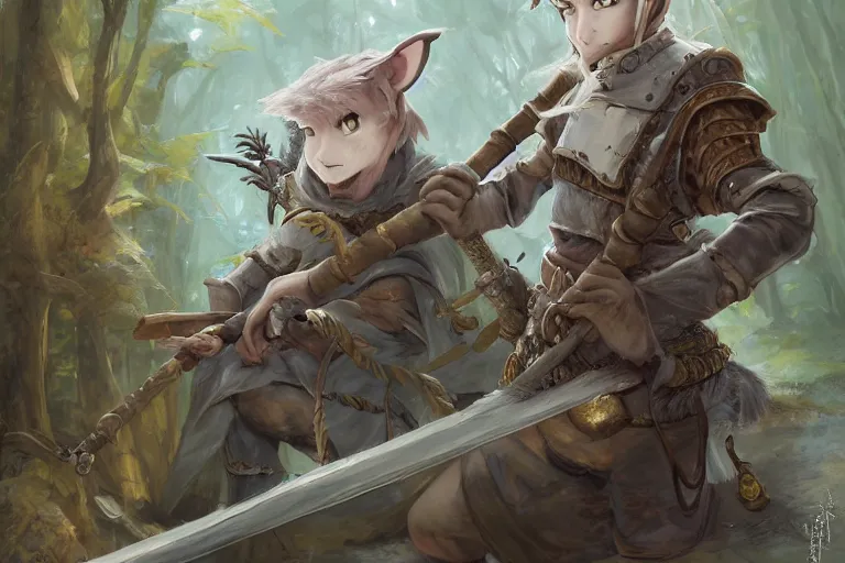 Image similar to dungeons and dragons fantasy painting, portrait of an ashigaru mouse rifleman, whimsical and cute, determined expression, watery eyes, anime inspired by krenz cushart, light grey fur, tufty whiskers, feathered arrows, bamboo forest river, dawn lighting, by brian froud jessica rossier and greg rutkowski