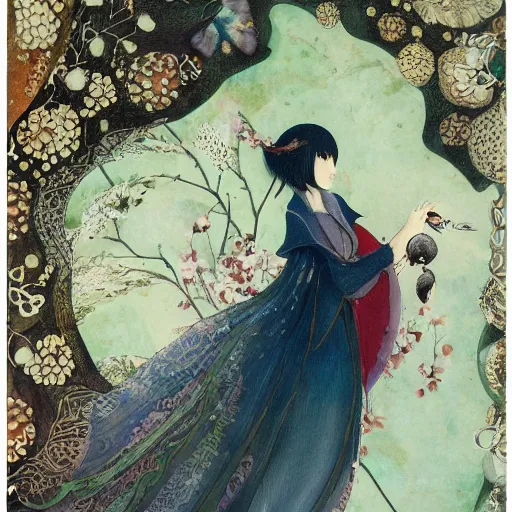 Image similar to meticulous, delicate niello inlay by john anster fitzgerald, by makoto shinkai. mixed media art. a woman is shown from behind, her body slightly blurred as if in motion. her long hair cascades down her back, & she is holding a small bird in her hand.