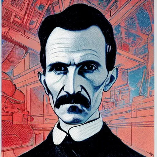 Image similar to portrait of nikola tesla in wardenclyffe tower, hanafuda oil on canvas by ivan shishkin, james jean and yoji shinkawa