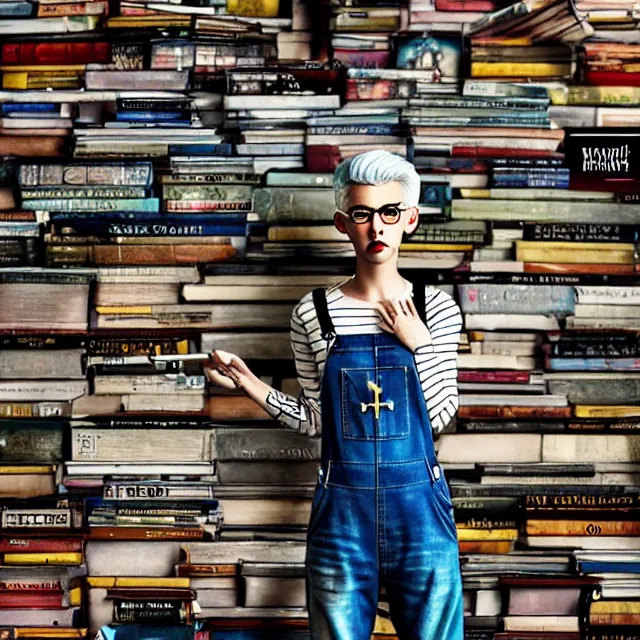 Image similar to full body pose, beautiful adult book fairy, pixar, short white hair shaved sides, dirty, grungy, grunge, long sleeve, painted overalls, stacks of giant books, highly detailed, 4 k, hdr, smooth, sharp focus, high resolution, award - winning photo, artgerm, photorealistic