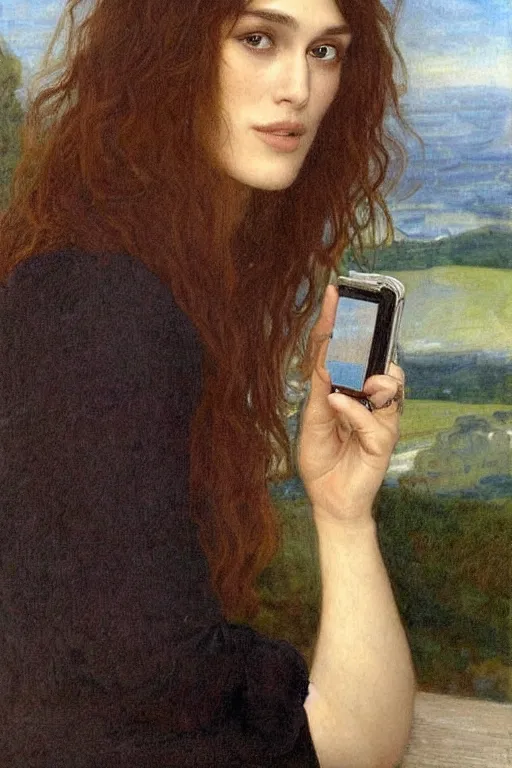Prompt: a pre raphaelite painting of keira knightley lazily looking at her iphone by dante gabriel rossett