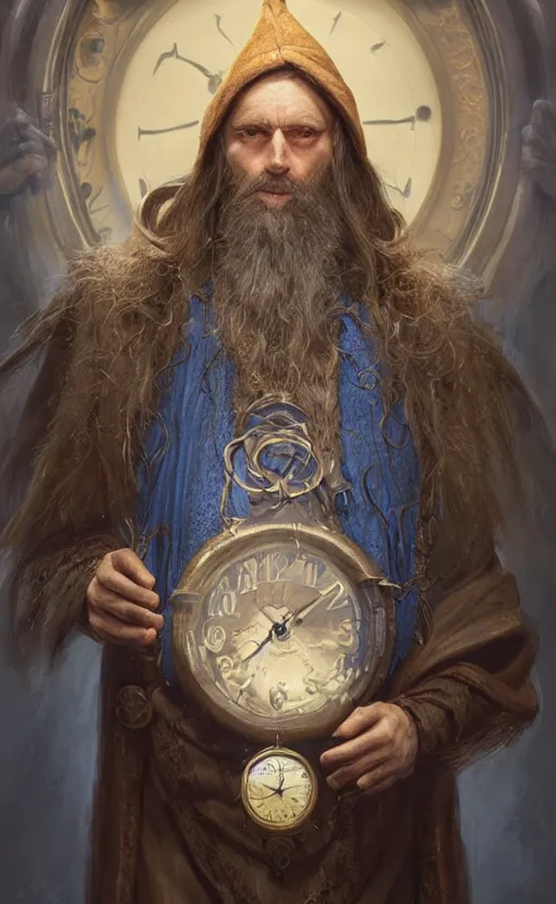 Image similar to portrait of a middle aged elf with a long beard, dressed in a blue cloak with clock iconography, brown hair, raised hand, detailed face, fantasy, highly detailed, cinematic lighting, digital art painting by greg rutkowski