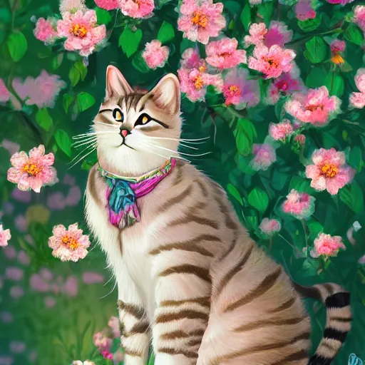 Image similar to photo of a cat in the blossoming garden, professional portfolio of a cat, trending on artstation, super detailed, everything in a beautiful light, stylishly designed background, fantasy art, photoshop