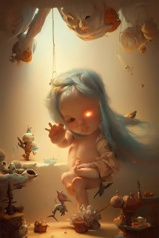 Prompt: play children's room, baby doll, by peter mohrbacher, concept art, digital illustration, intricate, masterpiece, elegant, hyper detailed