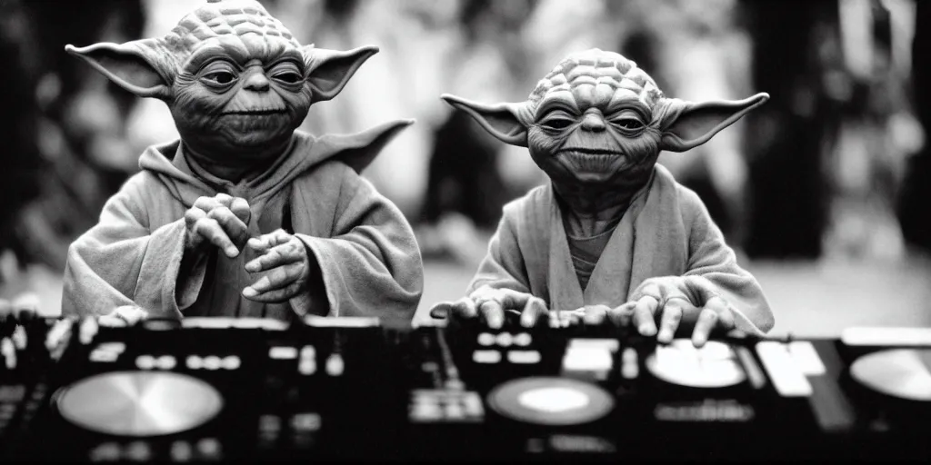 Prompt: Yoda at the dj table dropping sick beats , frightening, ghastly, photorealistic, old film, 35mm film, found film, scary, ominous,, by bruce davidson, on hasselblaad