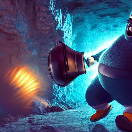 Prompt: highly detailed octane render of a short fat ugly man with a giant beard wearing goggles and a blue jumpsuit is screaming being blown up in an explosion inside a cave