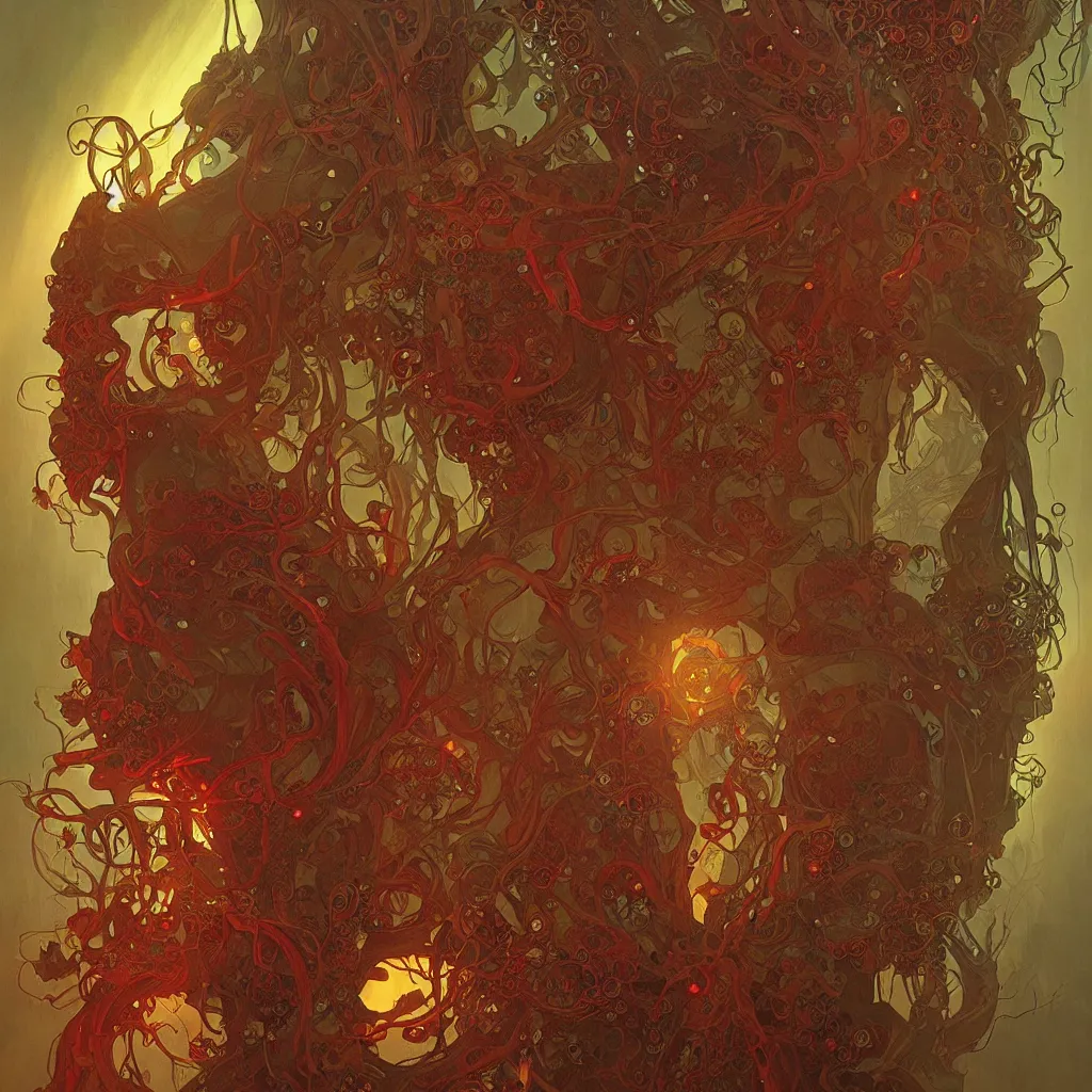 Image similar to fungus monsters by john sweeney and chris mars, red veins by alphonse mucha, intense lighting, light beams, lens flare, intricate, elegant, nightmare, highly detailed, digital painting, artstation, concept art, smooth, sharp focus, illustration