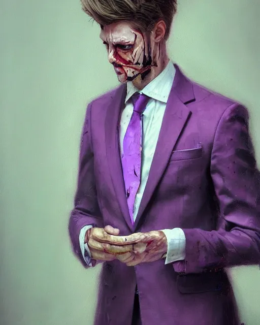 Prompt: A hyper realistic oil painting of a man in his twenties dressed in a purple suit, clean shaven, insane sharp looking face, messy hair, blood on the suit, by Greg Rutkowski, trending on artstation, 4k, creepy lighting