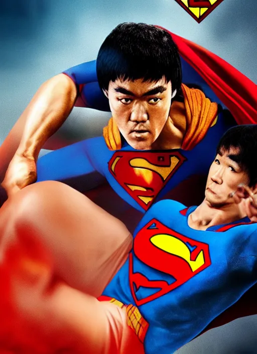 Prompt: Film poster Bruce lee fights VS superman, full body, detailed and realistic, 4k, filmic render