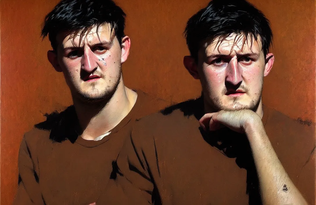 Image similar to portrait of harry maguire!!!!!!!!!!!!!!!!!!!!!!!!!!!, detailed face, detailed painting, epic lighting, by ilya repin, phil hale and kent williams