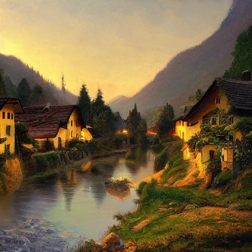 Prompt: High-Quality realist painting of a river crossing a traditional Bavarian village in a valley in the Alps at dawn, peaceful, very detailed, digital art.