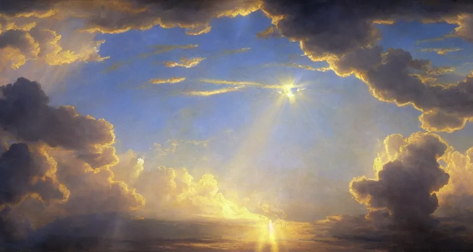 Image similar to heaven with angels floating on clouds god rays, by eugene von guerard, ivan shishkin, trending on artstation, 8 k