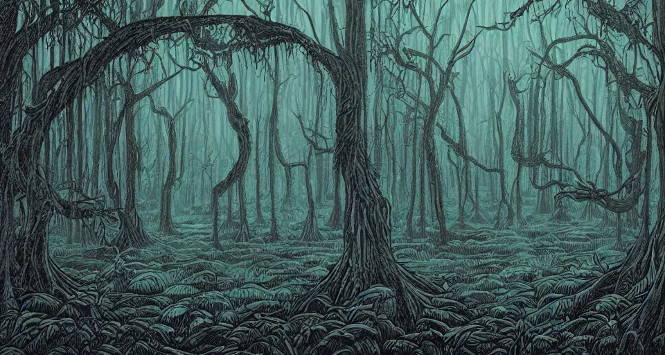 Prompt: A dense and dark enchanted forest with a swamp, by Dan mumford,