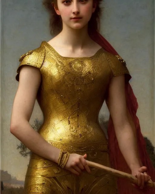 Image similar to a 16-year old girl who resembles Ana de Armas and Saoirse Ronan, dressed in ornate, detailed, intricate golden armor, detailed oil painting by William Adolphe Bouguereau