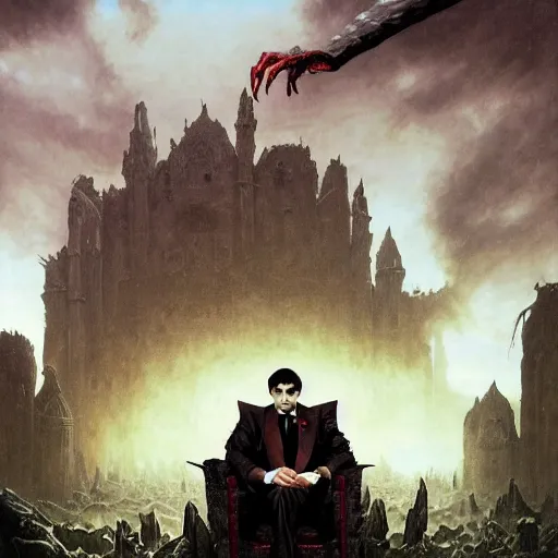 Image similar to An Evil Vampiric Mr. Bean sitting on the throne of hades, fullbody, intricate, demonic, video game art, highly detailed, artstation, green field with village ruins, concept art, smooth, sharp focus, illustration, art by greg rutkowski and orientalism and bouguereau and Zdzislaw Beksinski, good clear quality, lighting, biology, symmetrical artwork, perfect face, 135 mm, cinematic, hyper realism, high detail, octane render, 8k, chrome accents