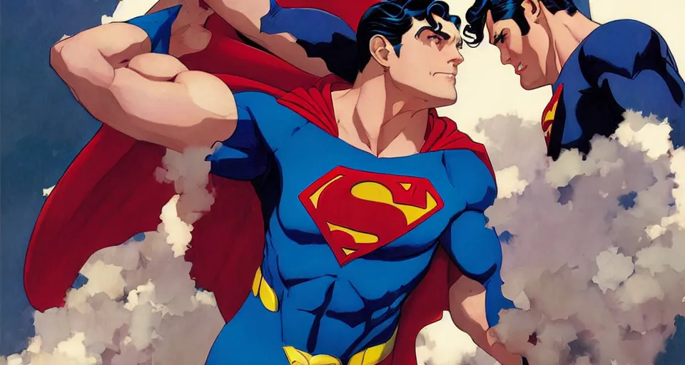 Image similar to superman and batman, in the style of studio ghibli, j. c. leyendecker, greg rutkowski, artgerm