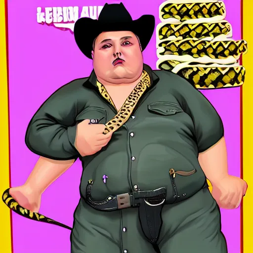 Image similar to hyperreal morbidly obese 2000kilo snake oil salesman wearing authentic purple green sip tech cowboy augmentation and curly snake moustache, fat man standing in front of blank background