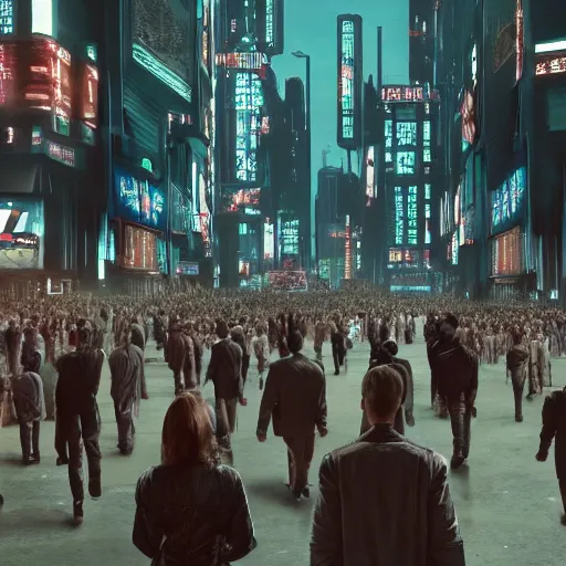 Image similar to award-winning cinematic still of a crowd of human clones, highly-detailed, establishing shot, cyberpunk style