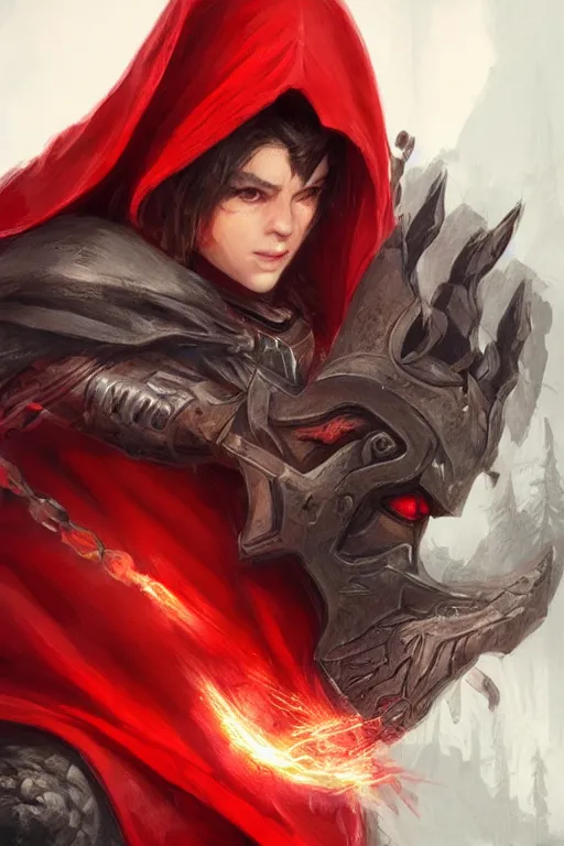 Prompt: wolf warrior in red cape and hood, d & d, fantasy, portrait, highly detailed, headshot, digital painting, trending on artstation, concept art, sharp focus, illustration, art by artgerm and greg rutkowski and magali villeneuve