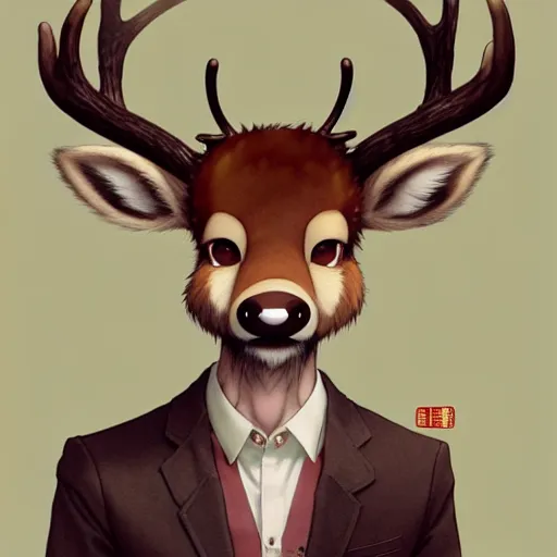 Image similar to character design portrait of a stupid chinese anthropomorphic furry deer man with deer ears, short brown hair, wearing a suits, looking at the camera, 4 k, concept art, by wlop, wenjun lin, watercolor, ilya kuvshinov, artgerm, krenz cushart, pixiv.