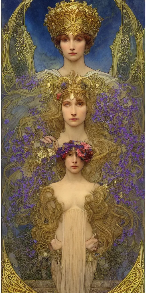 Image similar to portrait, face, saint woman, venus, athena, halo, queen, by alphons mucha and annie swynnerton and jean delville, strong dramatic cinematic lighting, ornate headdress, flowing robes, spines, flowers, stars, lost civilizations, smooth, sharp focus, extremely detailed, marble, gold, space