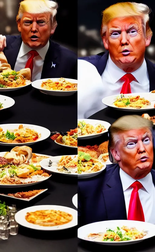 Image similar to donald trump as the main dish on the buffet for 1 0 0 people, photo, realistic, photorealistic, detailed, high quality, high resolution, 8 k, hdr, 8 k resolution, 8 k quality