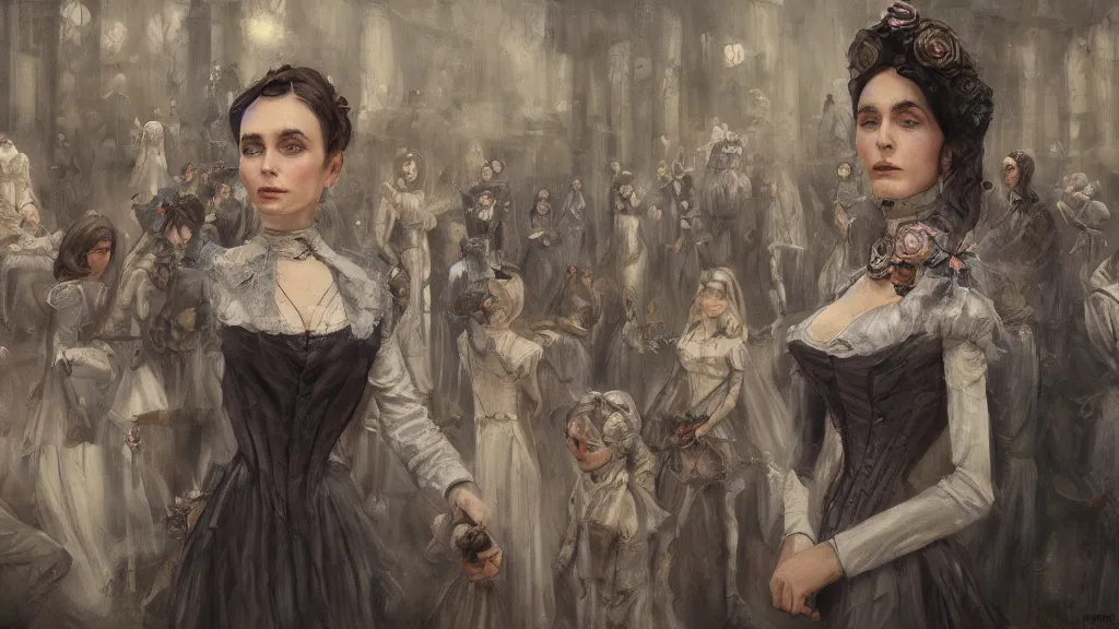 Image similar to thousands of clones of a Victorian woman, dystopia, fantasy, trending on art station, oil painting, concept art