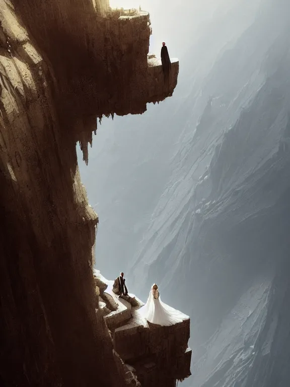 Image similar to bride and groom, high symmetry, intimacy, realism, intricate abstract, elegant, looking down a cliff, long perspective, neutral colors, dark lighting, by artstation, by greg rutkowski