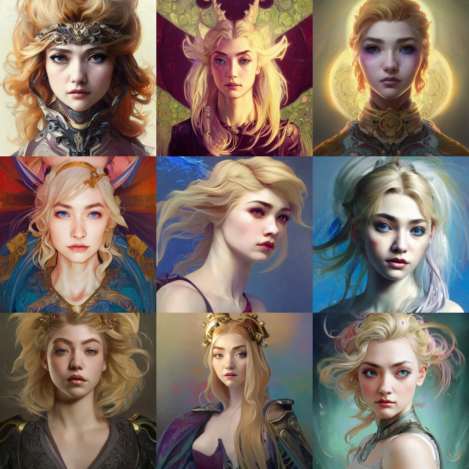 Prompt: masterpiece head-on symmetrical centered painted portrait, Imogen Poots as a paladin, blonde hair, elegant, in the style of ROSSDRAWS and Ruan Jia and Ross Tran and Alphonse Mucha and Ayami Kojima and Charlie Bowater and Karol Bak and Jean Delville, pixar, maya engine, splash comics, global illumination lighting, rich bright colours