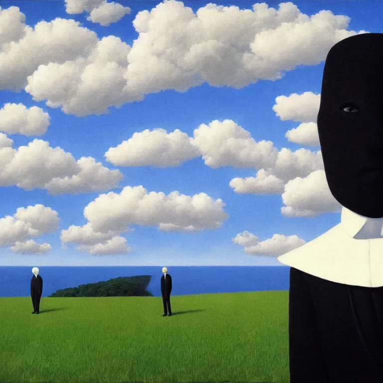 Image similar to portrait of a faceless white - masked - head man in a suit and black gloves, clouds and nature landscape in the background, by rene magritte, detailed painting, distance, centered, hd, hq, high resolution, high detail, 4 k, 8 k