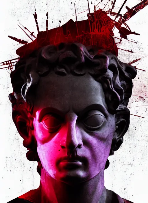 Image similar to dark design poster showing a close up of a heroic greco roman statue, black background with very subtle red and purple design elements, powerful, nekro, vito acconci, thin straight lines, dark, glitch art, neo vaporwave, gritty, layout frame, square, trending on artstation