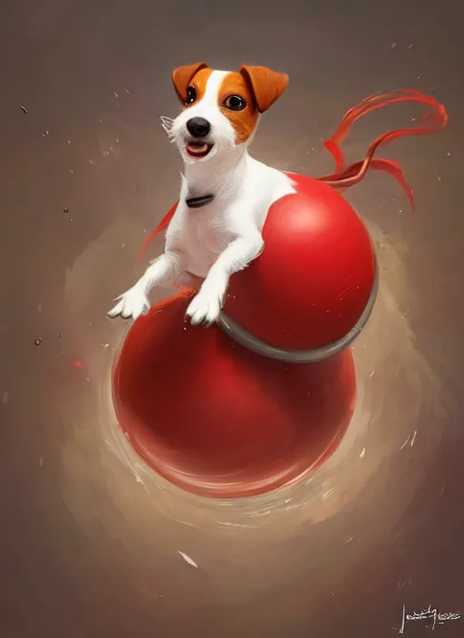 Image similar to adorable jack russel terrier jumping over a red exercise ball, fantasy art, artstation character design contest winner, trending on cgsociety, concept art, speedpaint, beautiful digital art, jesper ejsing, james jean, justin gerard, fenghua zhong, makoto shinkai, highly detailed