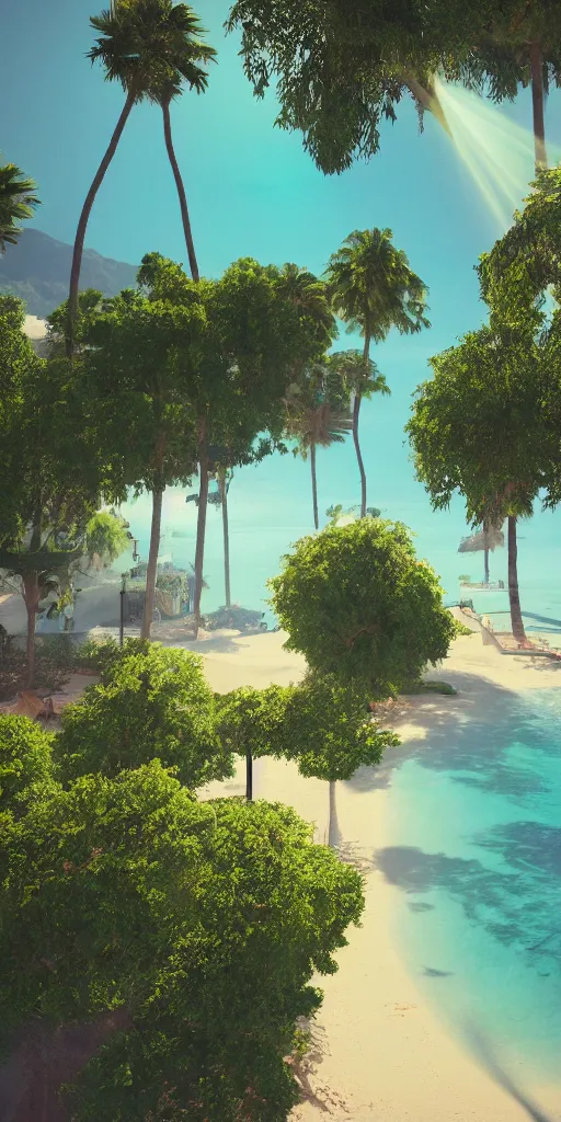 Prompt: the city of santa barbara, serene beach, beautiful composition, nature, green trees, high angle, rays of light, light dust, octane render, unreal engine, photography, 8 k